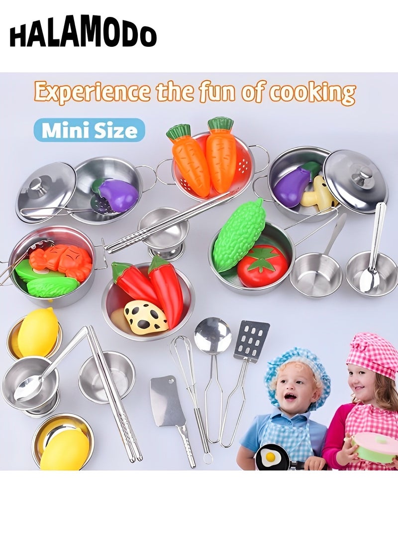 16PCS Kitchen Pretend Play Toys with Stainless Steel Cookware Pots and Pans Set Cooking Utensils Cookware Play Accessories Toys for Kids & Girls & Boys & Toddlers