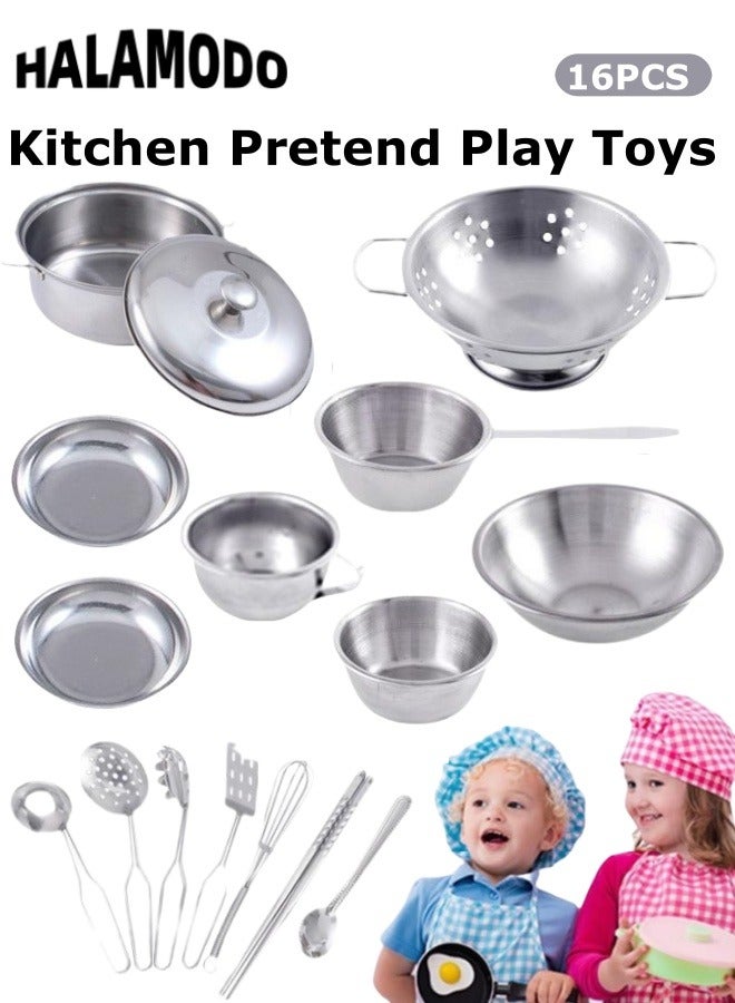 16PCS Kitchen Pretend Play Toys with Stainless Steel Cookware Pots and Pans Set Cooking Utensils Cookware Play Accessories Toys for Kids & Girls & Boys & Toddlers