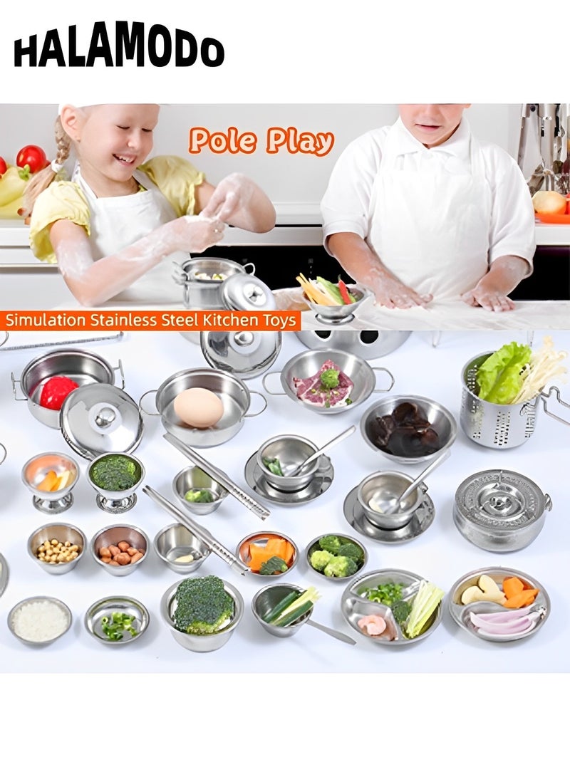 16PCS Kitchen Pretend Play Toys with Stainless Steel Cookware Pots and Pans Set Cooking Utensils Cookware Play Accessories Toys for Kids & Girls & Boys & Toddlers