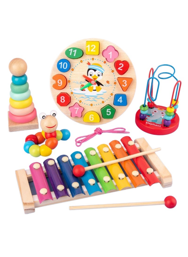 Rainbow Eight Tone Hand On The Piano - Colorful Twister - Macaronteau Tower - Beaded Clock With Blocks - Cartoon Twirls Around A Tree - Children's Puzzle Set Toys