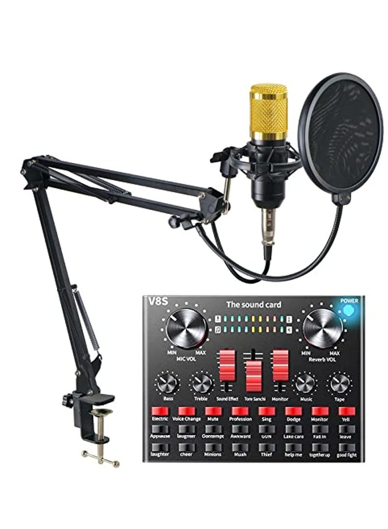 V8S Sound Card Upgraded VM-800 Condenser Microphone Set for Live Streaming Karaoke And Voice Recording Recording Sound Card, Voice Changer Device With Multiple Funny Sound Effect USB Audio Interface