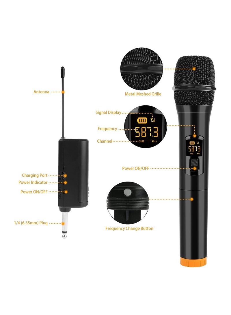 Wireless Microphone, UHF Dual Portable Handheld Dynamic Karaoke Mic with Rechargeable Receiver, Cordless Karaoke System for PA System, Speaker, Amplifier, Family Party, Singing, Meeting, 160 ft Range