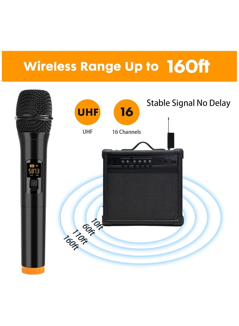 Wireless Microphone, UHF Dual Portable Handheld Dynamic Karaoke Mic with Rechargeable Receiver, Cordless Karaoke System for PA System, Speaker, Amplifier, Family Party, Singing, Meeting, 160 ft Range