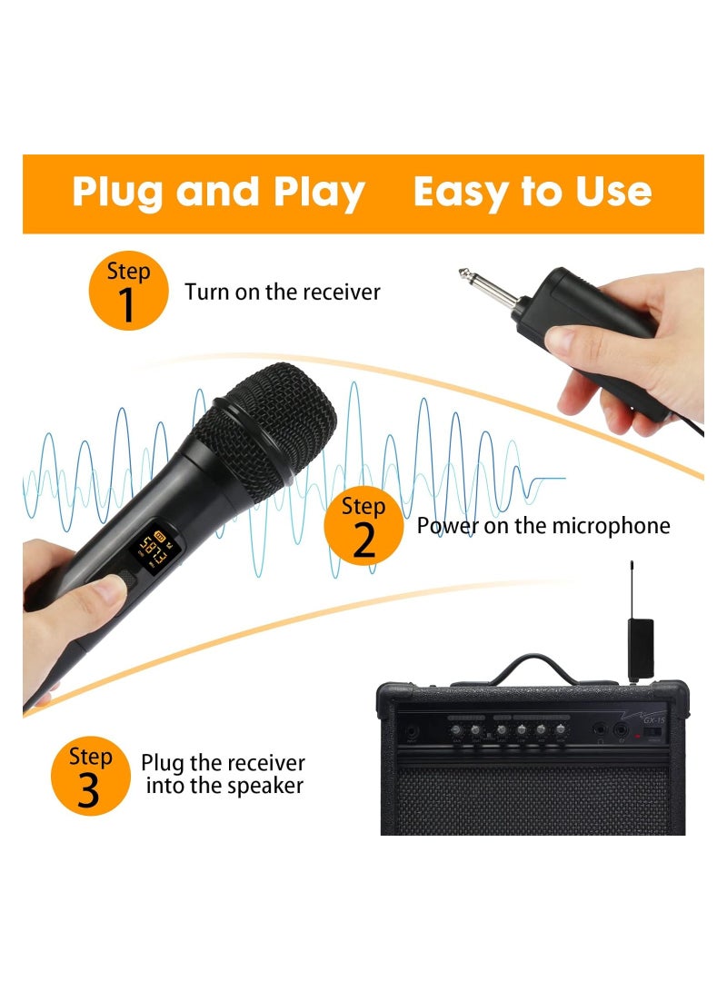 Wireless Microphone, UHF Dual Portable Handheld Dynamic Karaoke Mic with Rechargeable Receiver, Cordless Karaoke System for PA System, Speaker, Amplifier, Family Party, Singing, Meeting, 160 ft Range