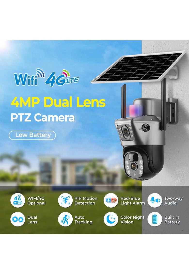 Dual Lens Alarm Linkage 4MP Solar Cell Powered Wifi PTZ Camera Outdoor Wireless Closed-Circuit Television 4G SIM Card Solar Camera Security Camera Home Monitoring Camera Commercial Monitoring Camera CCTV Camera