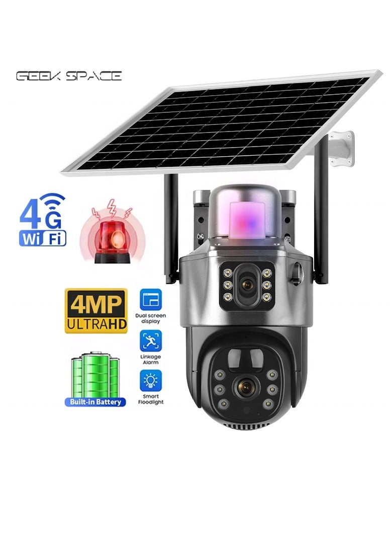 Dual Lens Alarm Linkage 4MP Solar Cell Powered Wifi PTZ Camera Outdoor Wireless Closed-Circuit Television 4G SIM Card Solar Camera Security Camera Home Monitoring Camera Commercial Monitoring Camera CCTV Camera