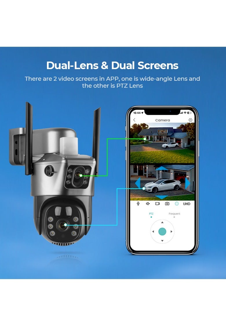 Dual Lens Alarm Linkage 4MP Solar Cell Powered Wifi PTZ Camera Outdoor Wireless Closed-Circuit Television 4G SIM Card Solar Camera Security Camera Home Monitoring Camera Commercial Monitoring Camera CCTV Camera