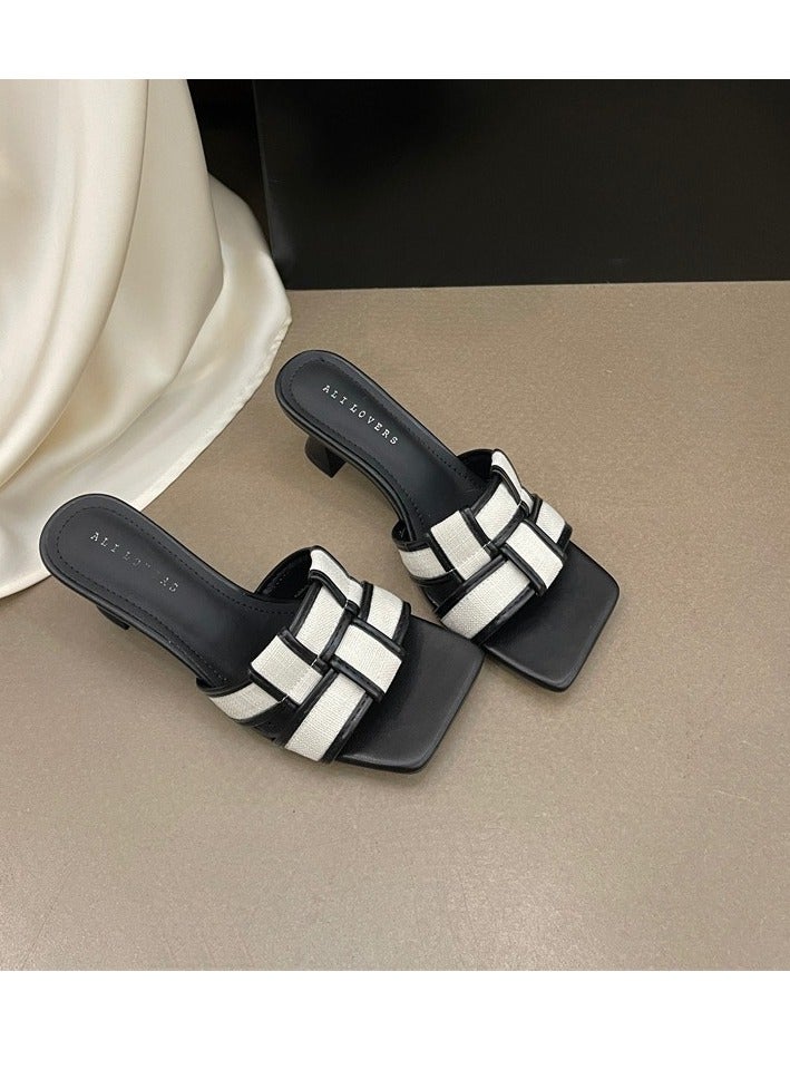 Summer New Versatile Outfit With Korean Style Square Headed Checkered Sandals For Women