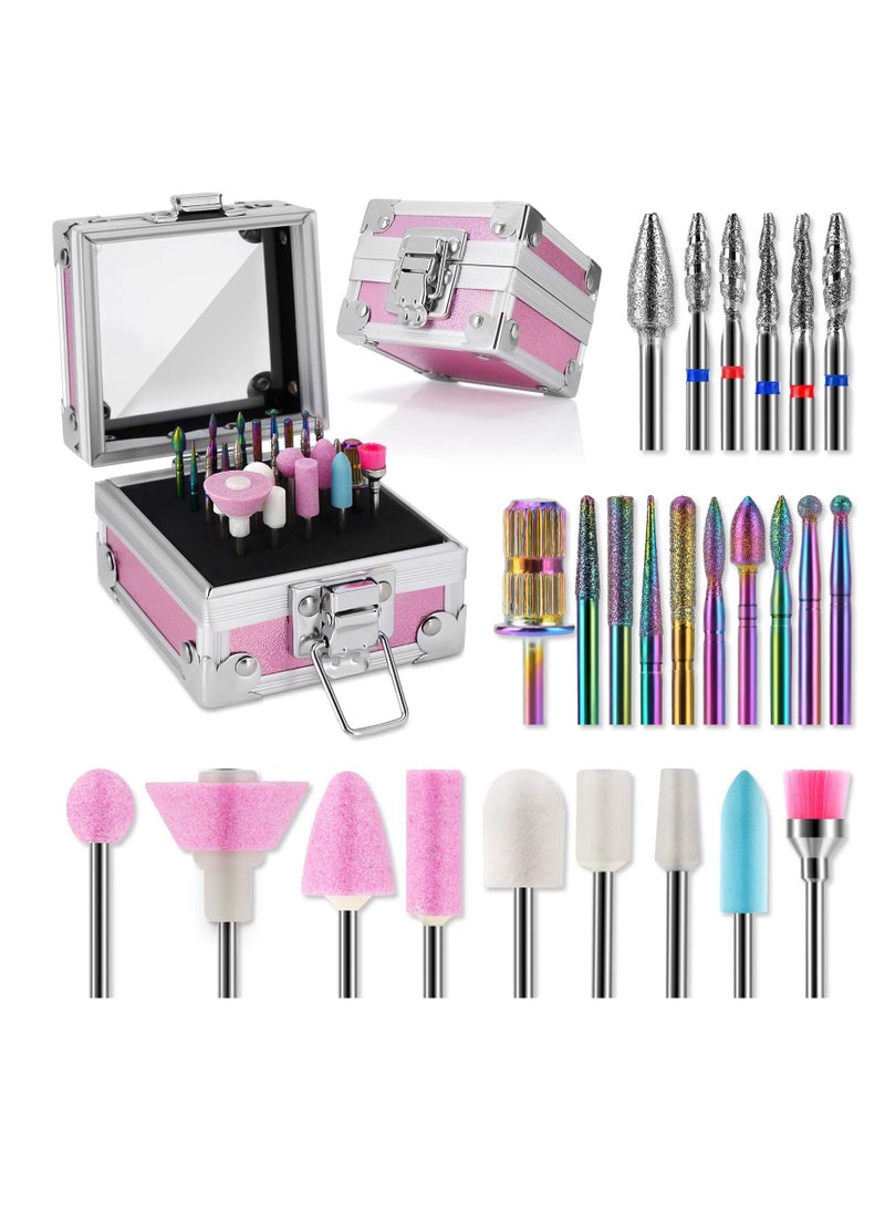 Set of 25 Nail Bits with Portable Pink Case Tungsten Carbide Ceramic Nail Bits Diamond Cuticle Remover Set for Home Salon Acrylic Gel Nail Manicure and Pedicure Tools