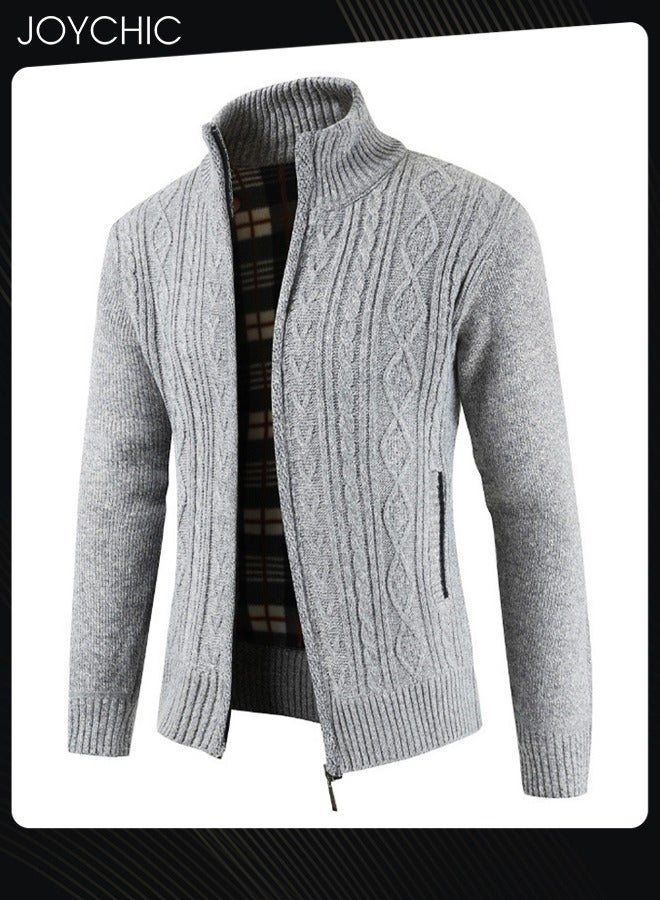 Winter Cardigan Men Casual Men Autumn Zip Thick Knitted Sweater Cardigan Pockets Warm Jacket Slim Cardigan Coat Light Grey