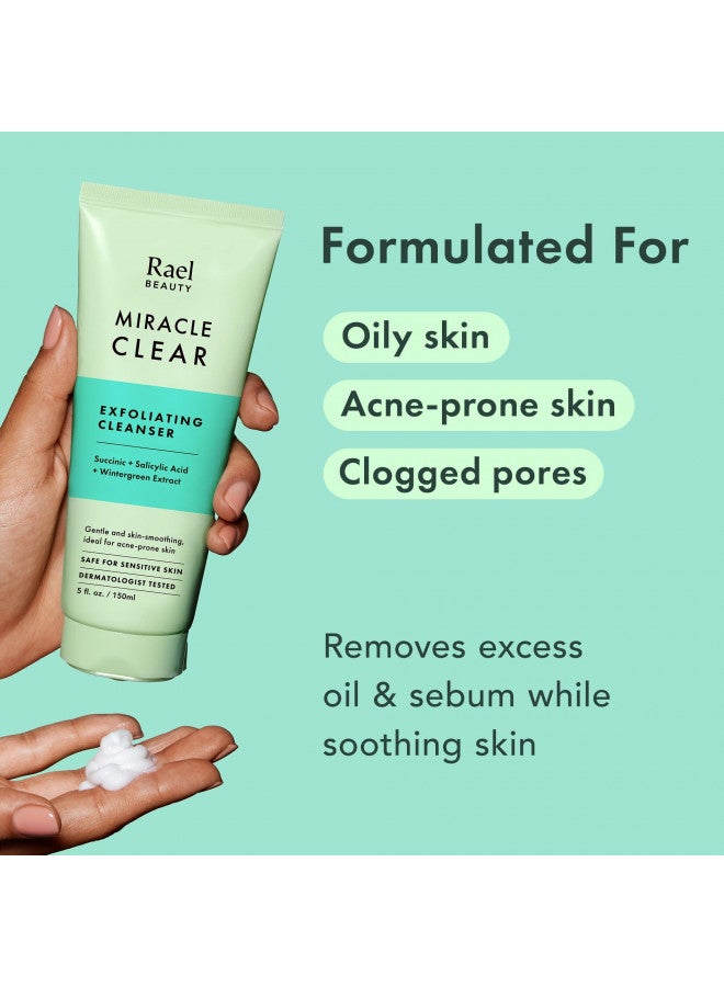 Rael Face Wash, Miracle Clear Exfoliating Cleanser - Face Cleanser for Oily and Acne Prone Skin, Gentle Facial Cleanser, Hydrating, w/Succinic Acid & Minerice, Vegan, Cruelty Free (5.1 fl. oz)