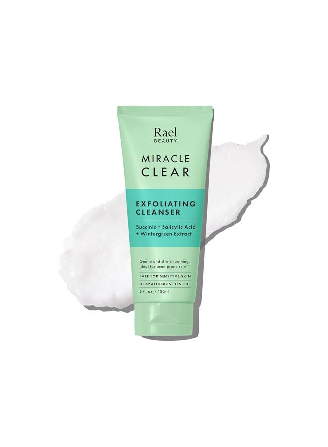 Rael Face Wash, Miracle Clear Exfoliating Cleanser - Face Cleanser for Oily and Acne Prone Skin, Gentle Facial Cleanser, Hydrating, w/Succinic Acid & Minerice, Vegan, Cruelty Free (5.1 fl. oz)