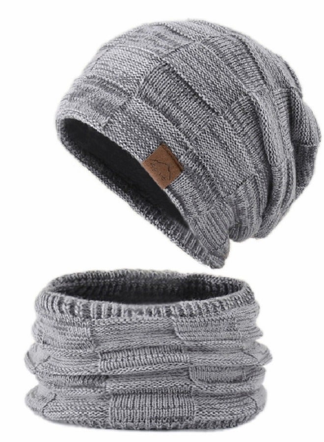 2pcs Men Winter Beanie Hats Scarf Set Warm Knit Hats Skull Cap Neck Warmer with Thick Fleece Lined Winter Outdoor Sports Hat Sets Grey