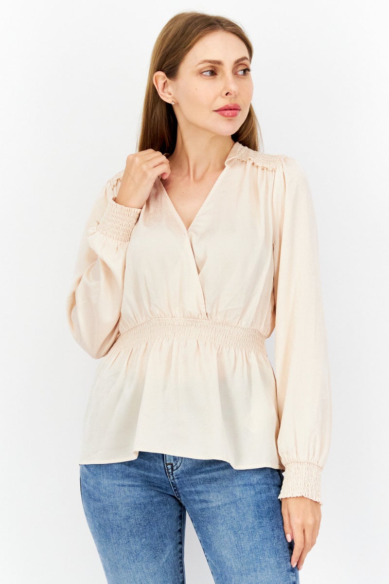 Women Surplice Neck Long Sleeve Textured Blouse, Light Peach