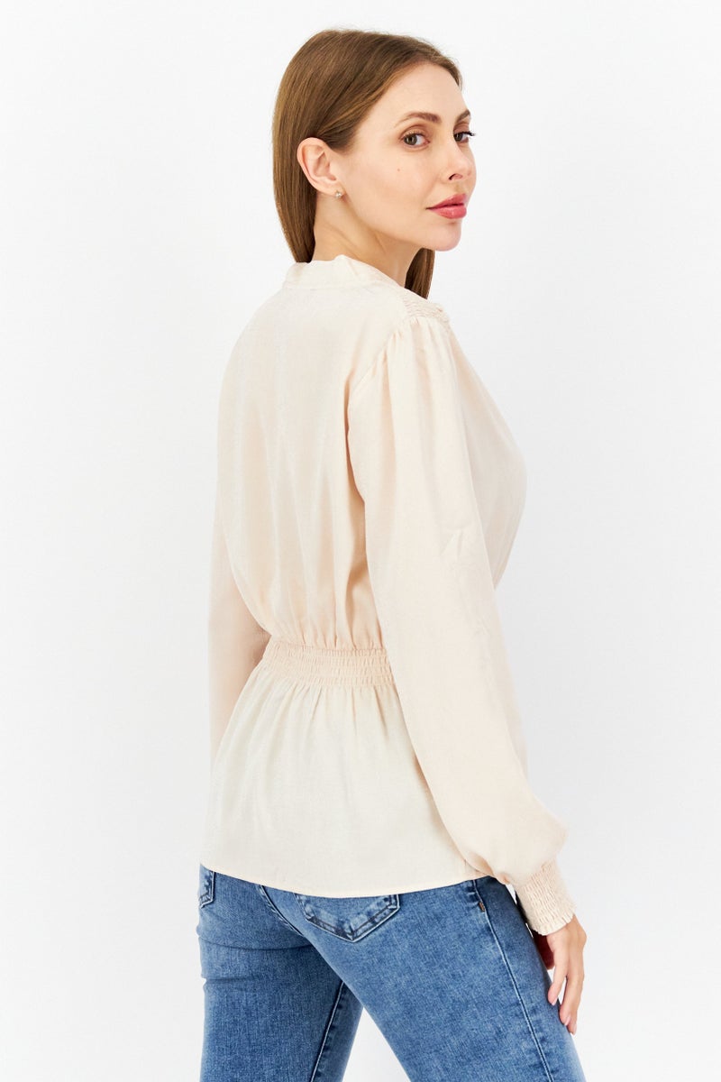 Women Surplice Neck Long Sleeve Textured Blouse, Light Peach