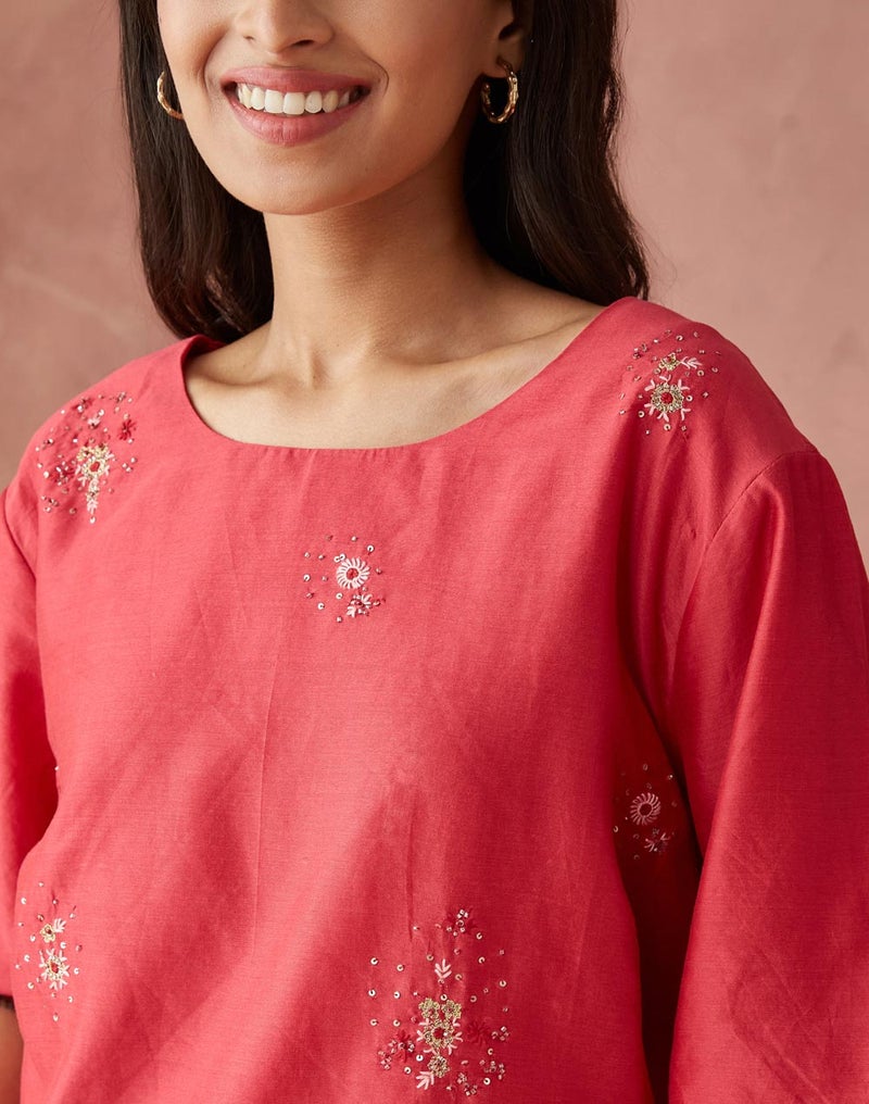 Red Cotton Silk Woven Short Top