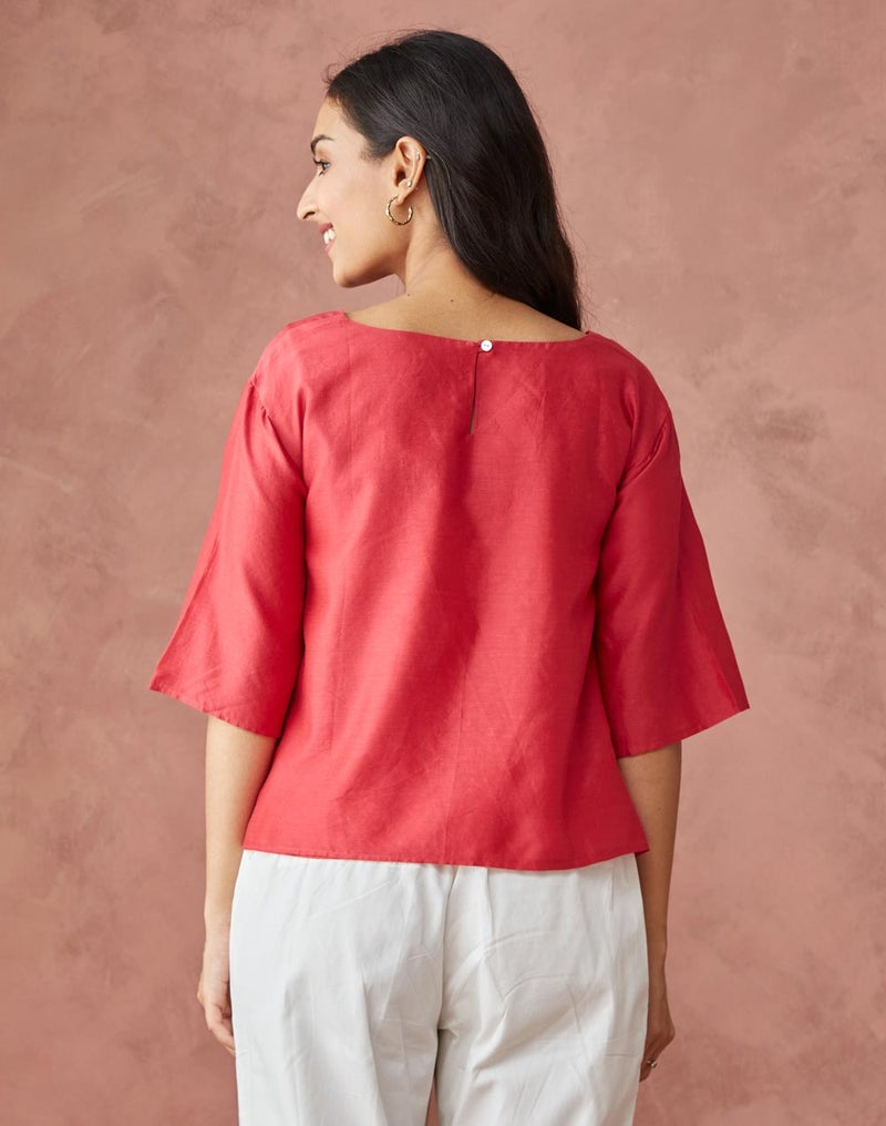 Red Cotton Silk Woven Short Top