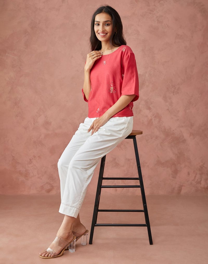 Red Cotton Silk Woven Short Top