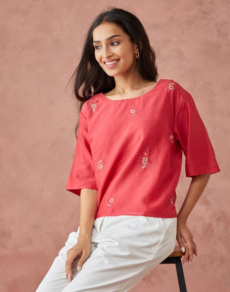 Red Cotton Silk Woven Short Top