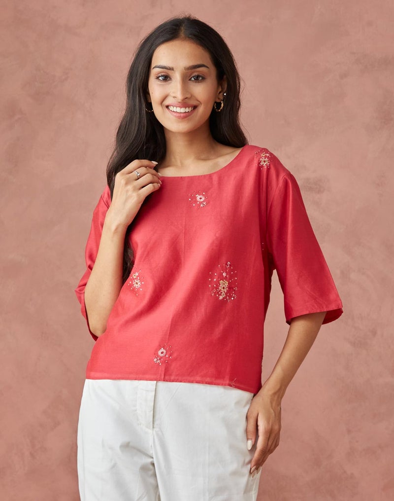 Red Cotton Silk Woven Short Top