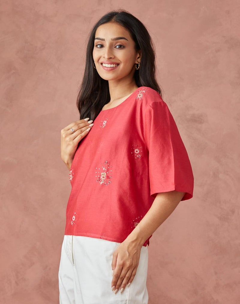 Red Cotton Silk Woven Short Top