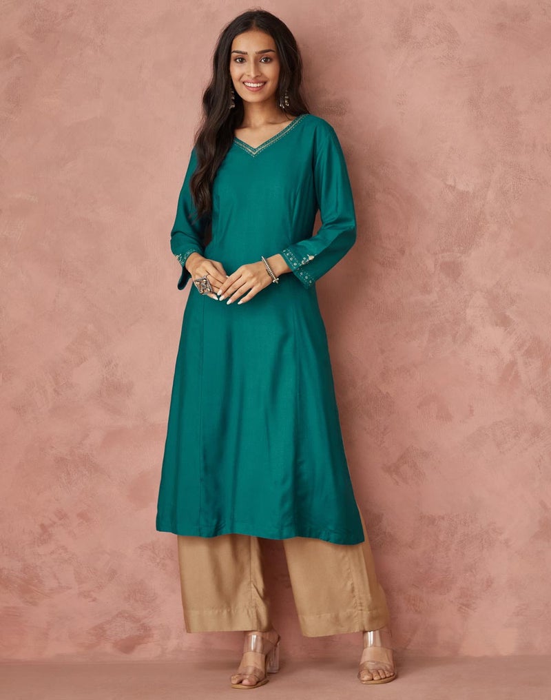 Teal Viscose Silk Slim Fit Long Kurta