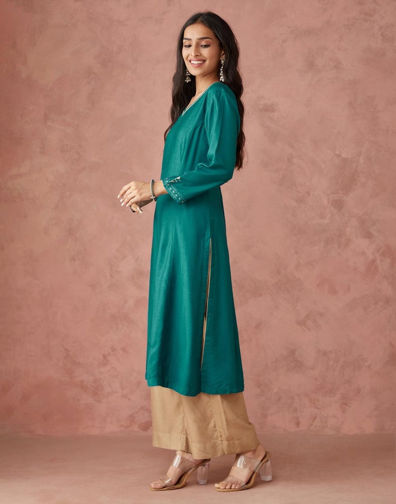 Teal Viscose Silk Slim Fit Long Kurta