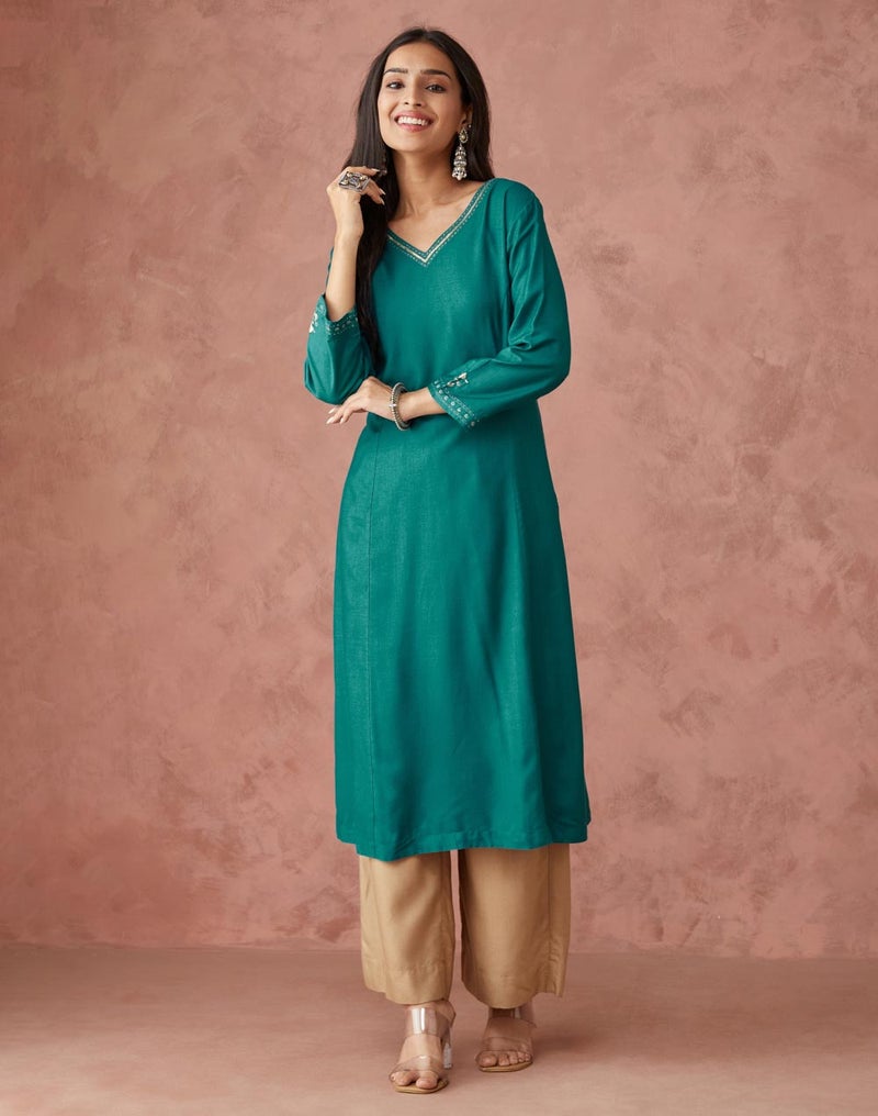 Teal Viscose Silk Slim Fit Long Kurta