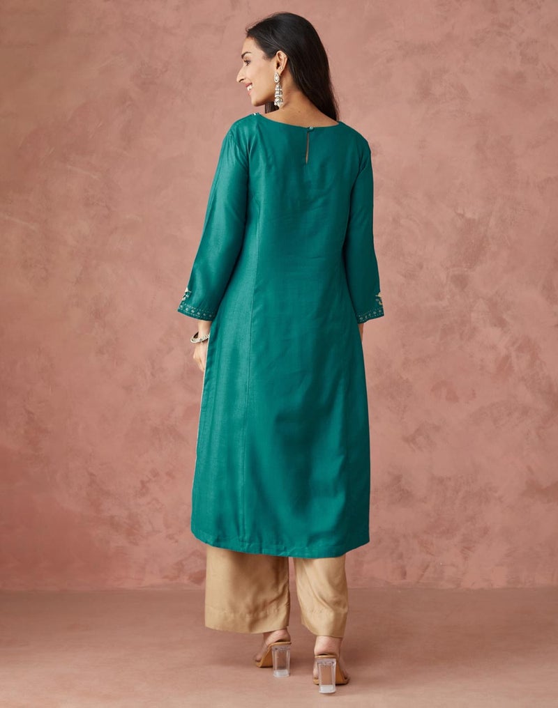 Teal Viscose Silk Slim Fit Long Kurta