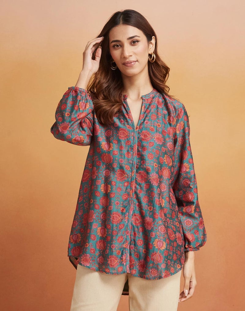 Green Cotton Silk Printed Tunic