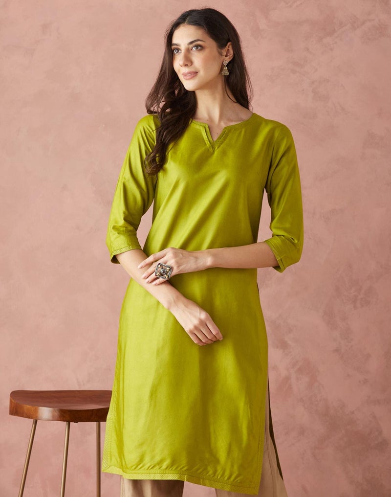 Green Viscose Silk Regular Fit Long Kurta