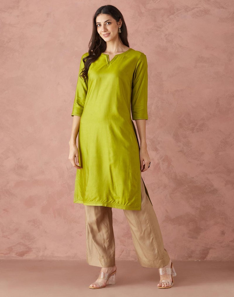 Green Viscose Silk Regular Fit Long Kurta