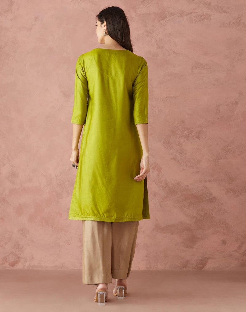 Green Viscose Silk Regular Fit Long Kurta