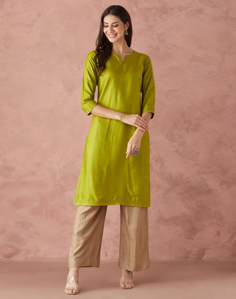 Green Viscose Silk Regular Fit Long Kurta