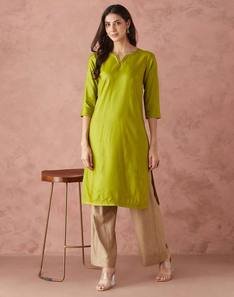 Green Viscose Silk Regular Fit Long Kurta