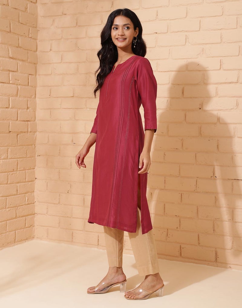 Maroon Cotton Silk Calf Length Long Kurta