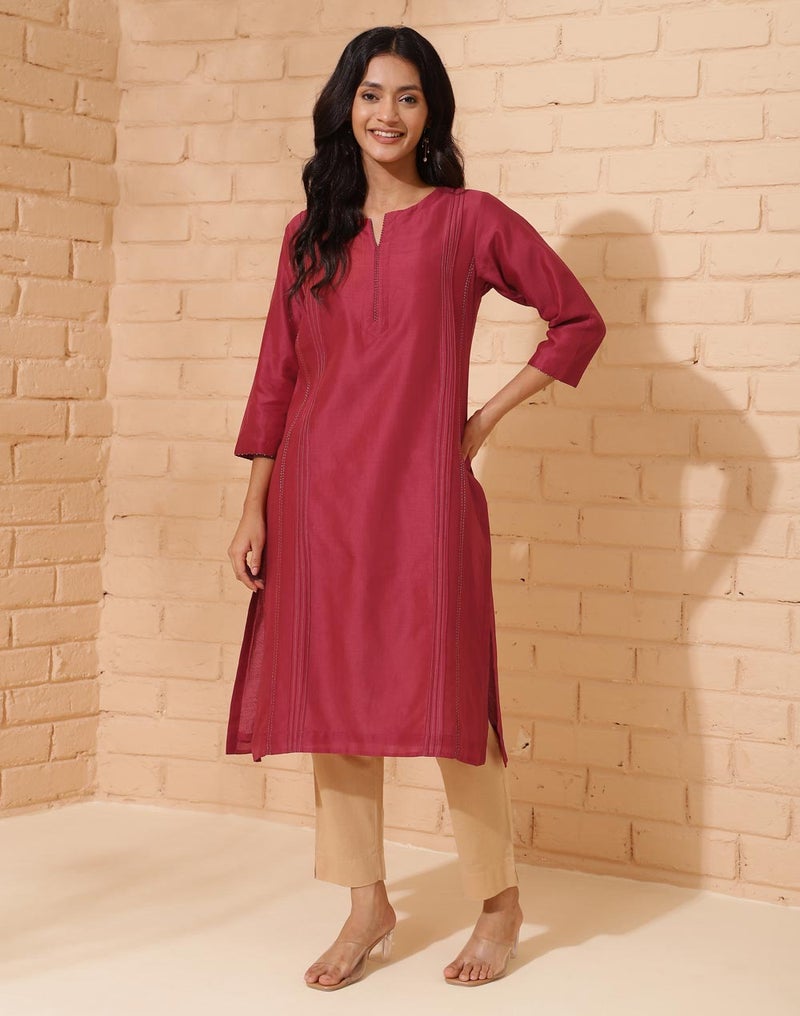 Maroon Cotton Silk Calf Length Long Kurta