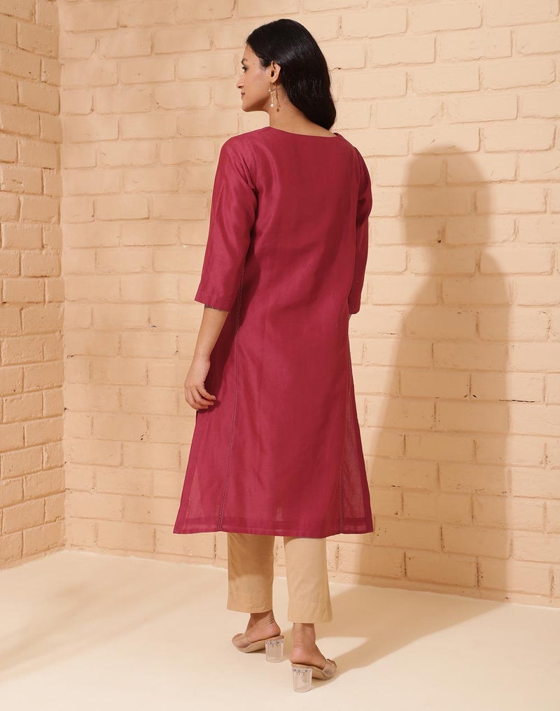 Maroon Cotton Silk Calf Length Long Kurta