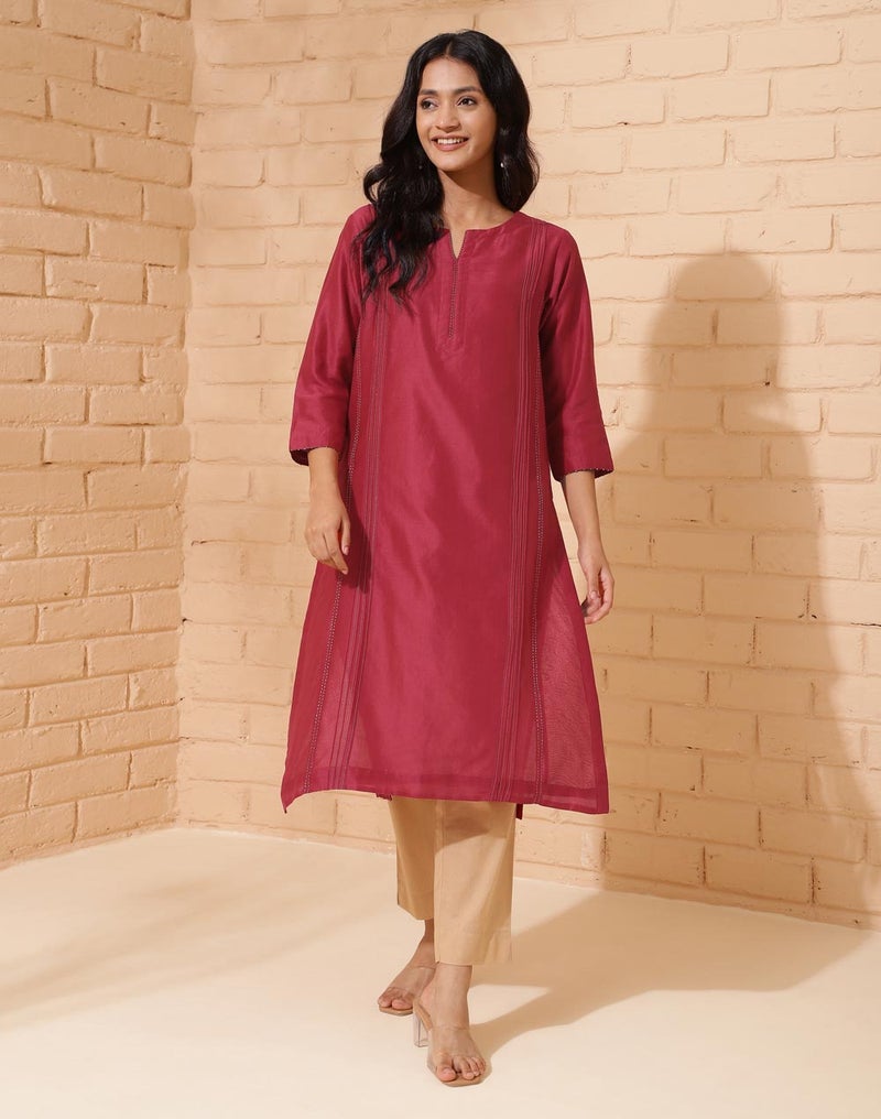 Maroon Cotton Silk Calf Length Long Kurta