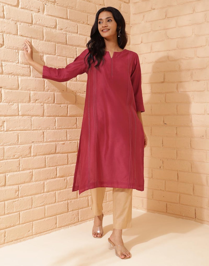 Maroon Cotton Silk Calf Length Long Kurta