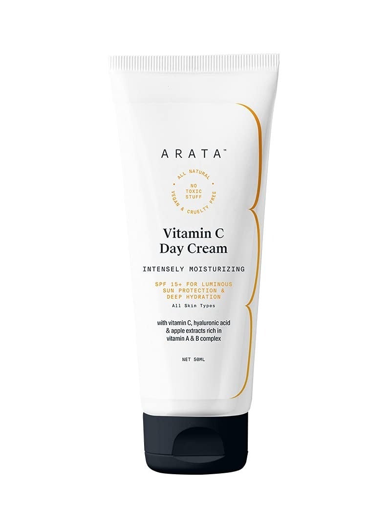 Arata Vitamin C Day Cream (50 ML) | With SPF 15+ | Face Cream Infused With Hyaluronic Acid & Apple Extracts | Luminous Sun Protection & Deep Hydration | All-Natural, Non-Toxic, Chemical-Free | For All Skin Types