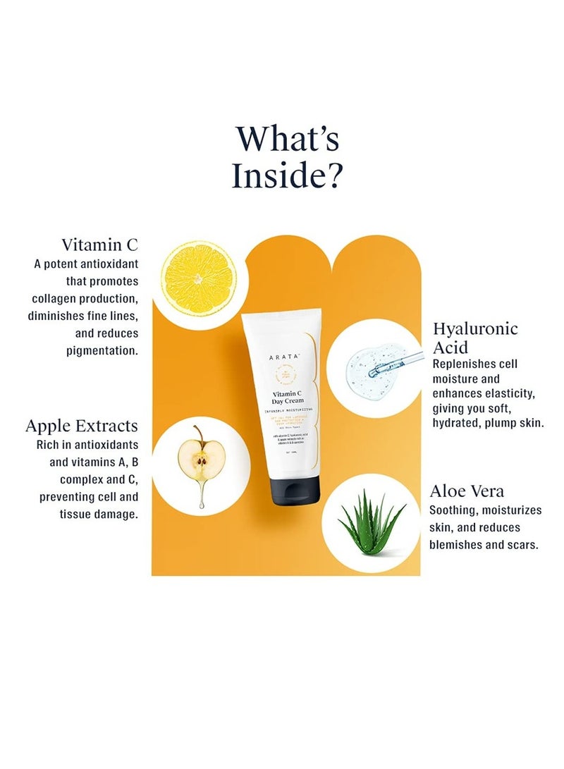 Arata Vitamin C Day Cream (50 ML) | With SPF 15+ | Face Cream Infused With Hyaluronic Acid & Apple Extracts | Luminous Sun Protection & Deep Hydration | All-Natural, Non-Toxic, Chemical-Free | For All Skin Types