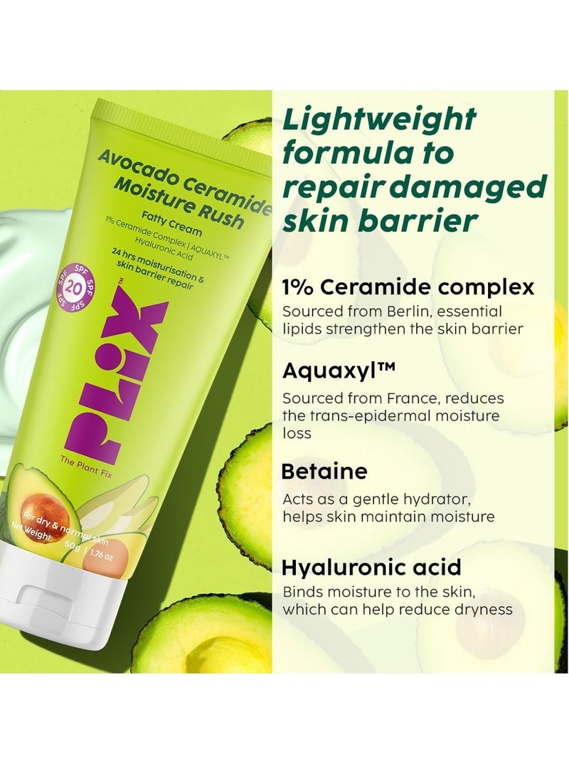 PLIX - THE PLANT FIX Plix-The Plant Fix Avocado Ceramide Moisture Rush Fatty Cream With Spf 20 | Deep Moisturization | Barrier Repair Cream | For Dry Skin, Normal Skin & Sensitive Skin | 50G