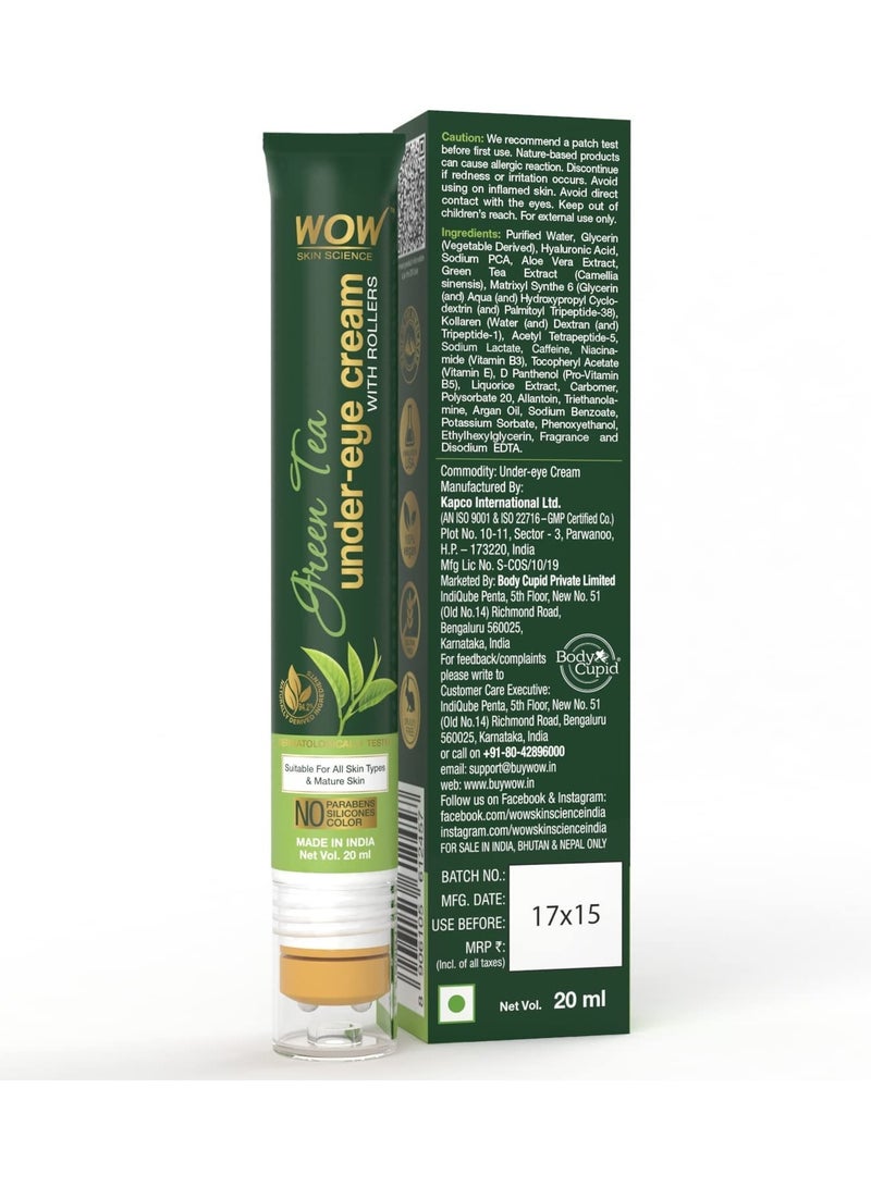 WOW Skin Science Green Tea Under Eye Cream with Rollers for Dark circles | Puffy Eyes - 20 ml