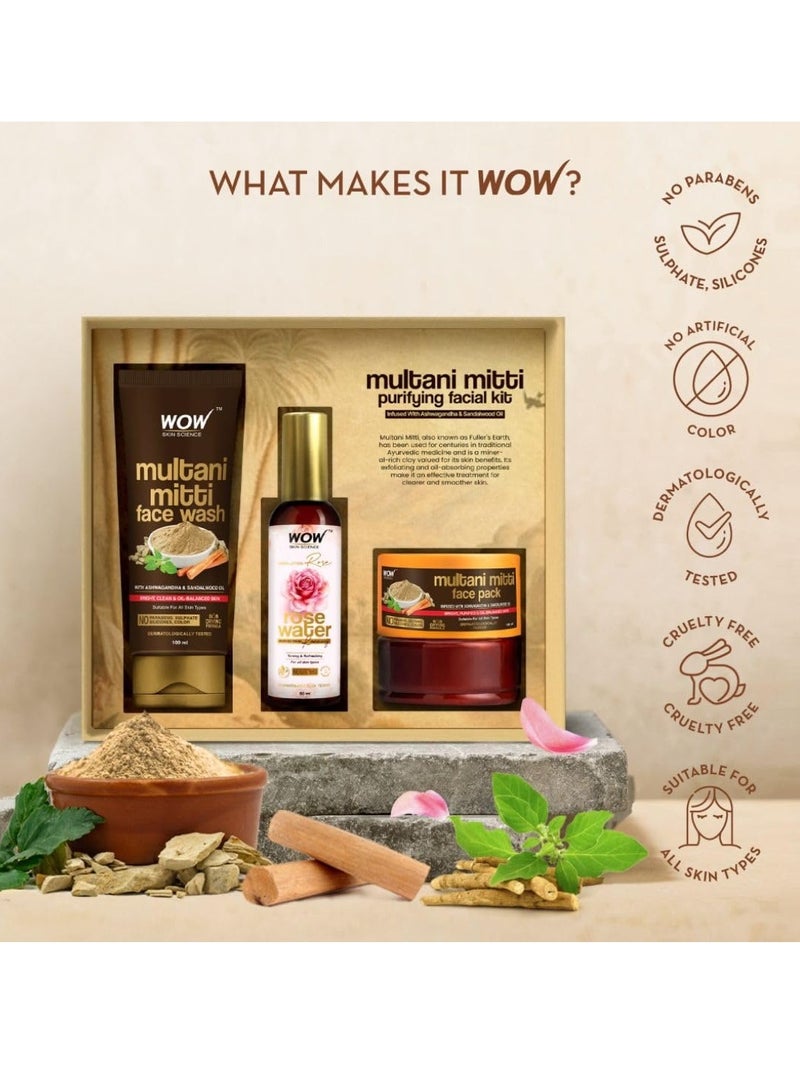 WOW Skin Science Multani Mitti Kit with Rose Water|All Skin Types|Cleanses, Detox And Brightens | Controls Excess Oil & Shrink Pores|Pack of 3|For Women & Men|Paraben Free|Net Vol 250ml