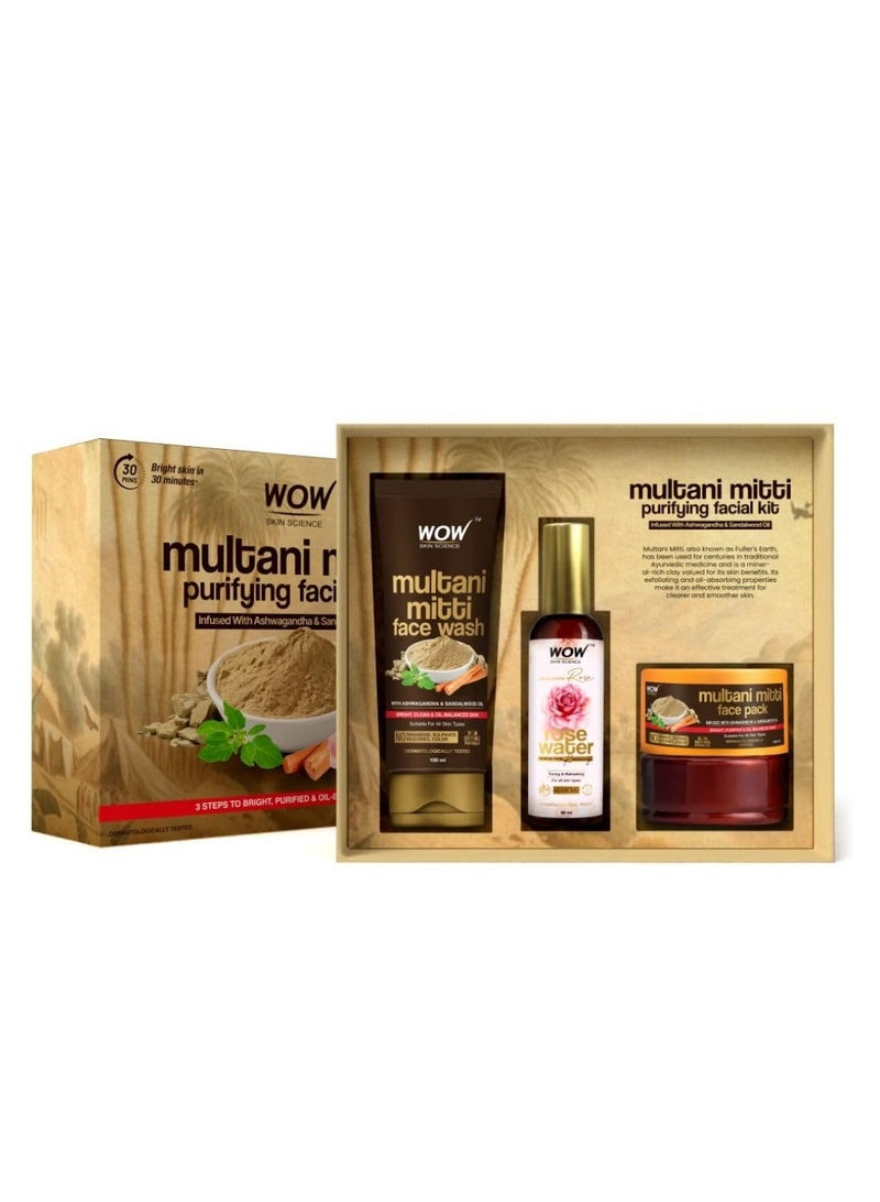 WOW Skin Science Multani Mitti Kit with Rose Water|All Skin Types|Cleanses, Detox And Brightens | Controls Excess Oil & Shrink Pores|Pack of 3|For Women & Men|Paraben Free|Net Vol 250ml