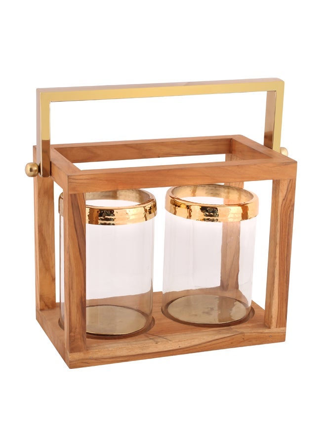 Wooden Lantern Holder Brown/Clear/Gold 30.5x20.3x25.4cm