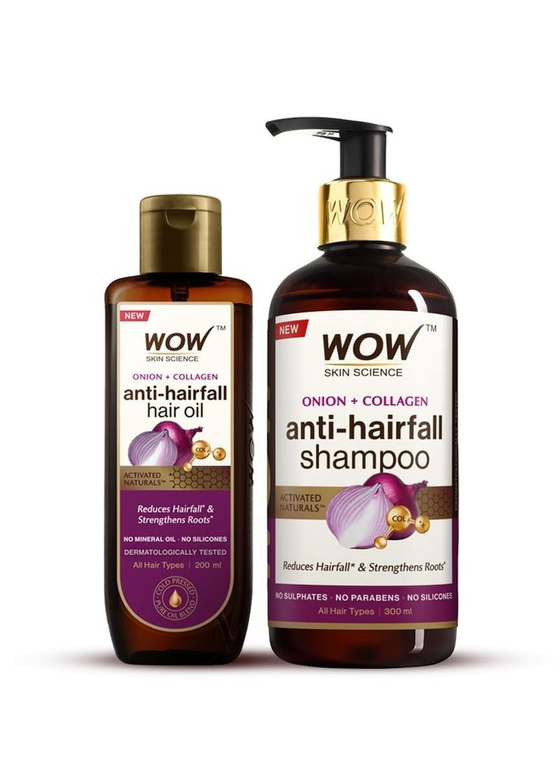 WOW Skin Science Onion Hair Oil With Black Seed Oil Extracts + Onion Oil Shampoo Hair Care Kit - Net Vol 500mL