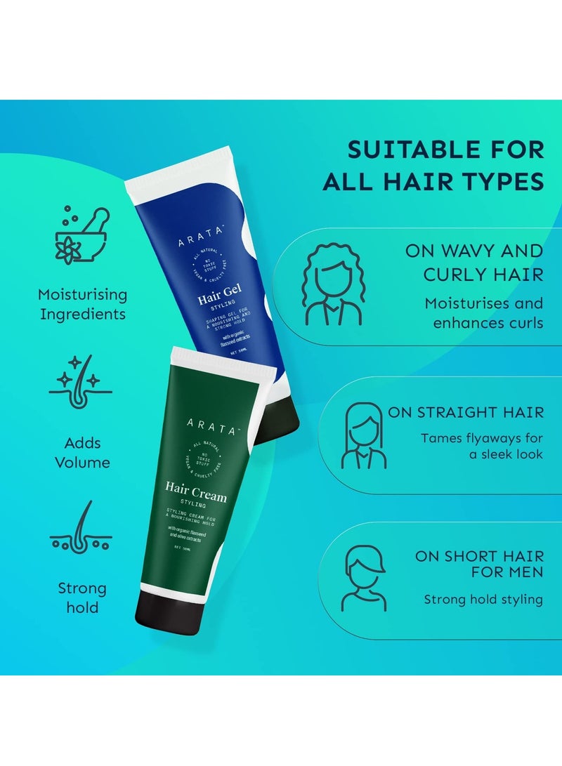 Arata Styling Combo of 2 - Styling Hair Cream (50 ML) & Styling Hair Gel (50 ML) | For Glossy & Matte Looks | Soft & Strong Hold | Defined, Frizz-Free Hair | Adds Texture & Boosts Moisture | For All Hair Types