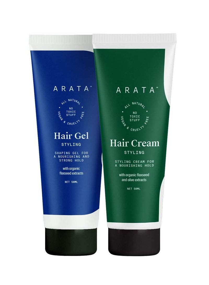 Arata Styling Combo of 2 - Styling Hair Cream (50 ML) & Styling Hair Gel (50 ML) | For Glossy & Matte Looks | Soft & Strong Hold | Defined, Frizz-Free Hair | Adds Texture & Boosts Moisture | For All Hair Types